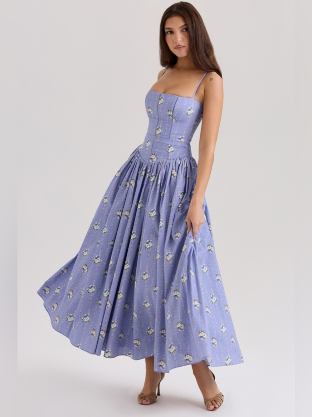HOUSE OF CB 'Ysabella' Blue Daisy Print Stretch Cotton Midi Sundress nwot
